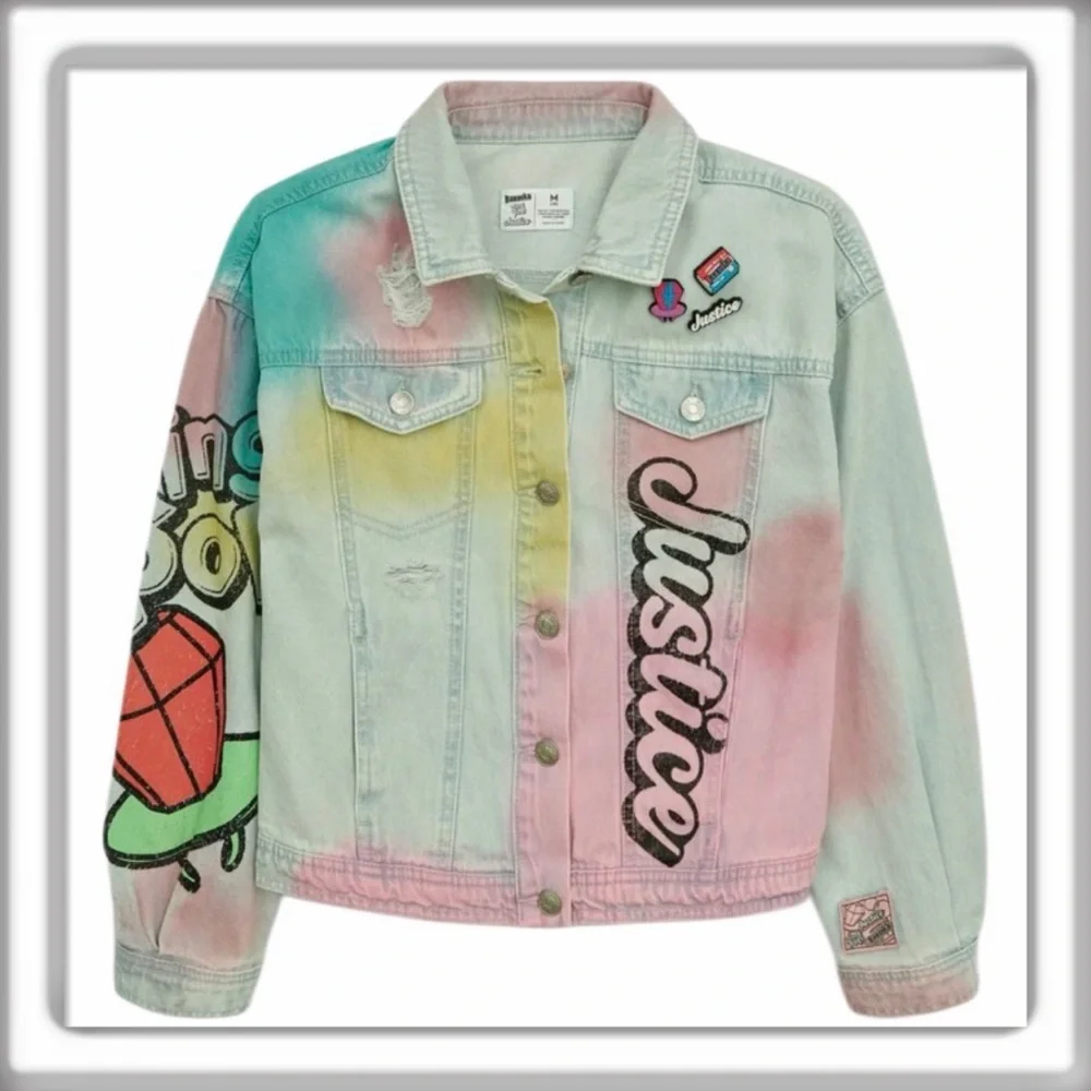 Justice Girl’s Ring Pop Bazooka Collab Denim Jean Jacket Size XL Plus 16-18